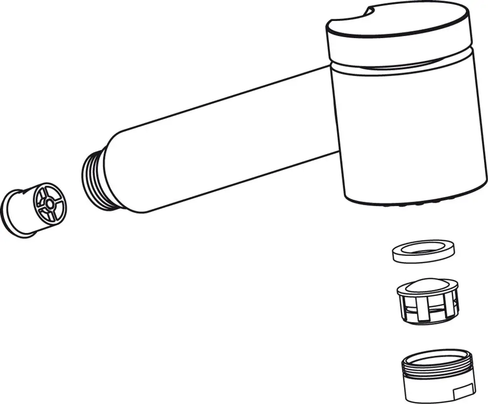 Ausziehbarer Auslauf von Ideal Standard, bestehend aus mehreren Komponenten, darunter eine drehbare Vorderseite und verschiedene Anschlussstücke, dargestellt in einer technischen Illustration.